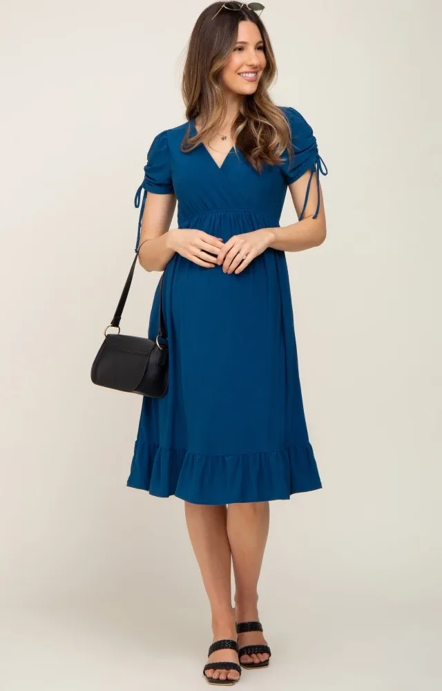 Deep Teal Cinched Sleeve Maternity Midi Dress