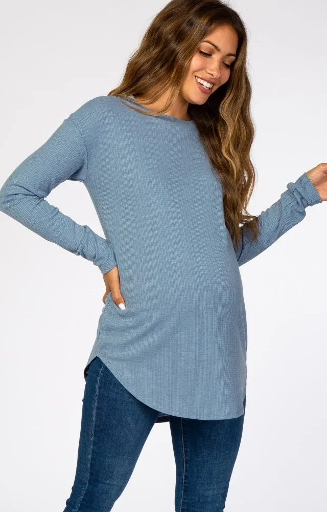 Denim Blue Long Sleeve Ribbed Maternity Top