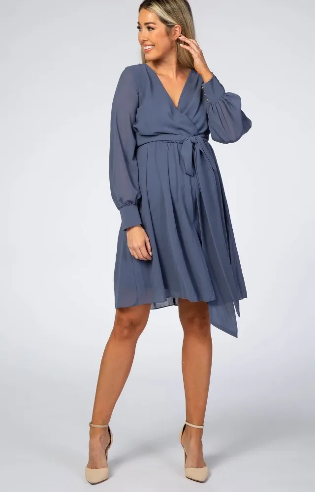 Dusty Blue Chiffon Maternity Wrap Dress