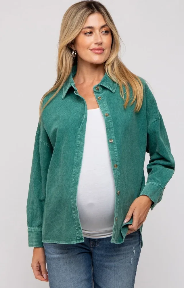 Emerald Green Corduroy Button Up Maternity Top