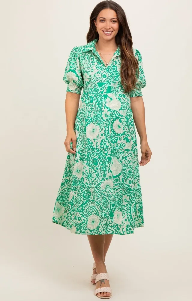 Emerald Green Floral Collared Tiered Maternity Midi Dress