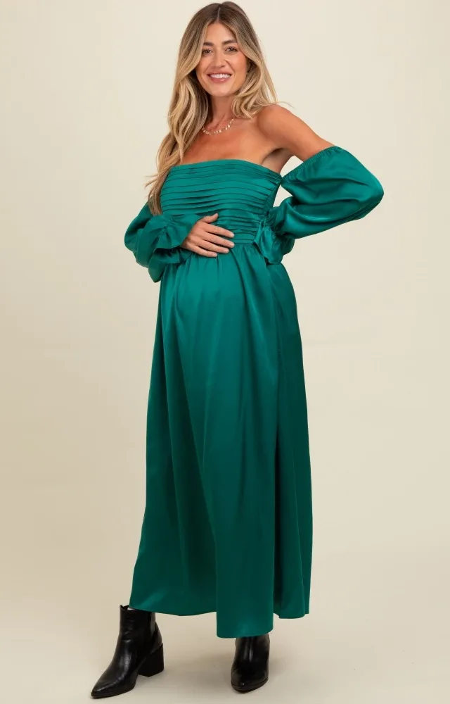 Emerald Green Off Shoulder Satin Pleated Bodice Maternity Maxi Dress