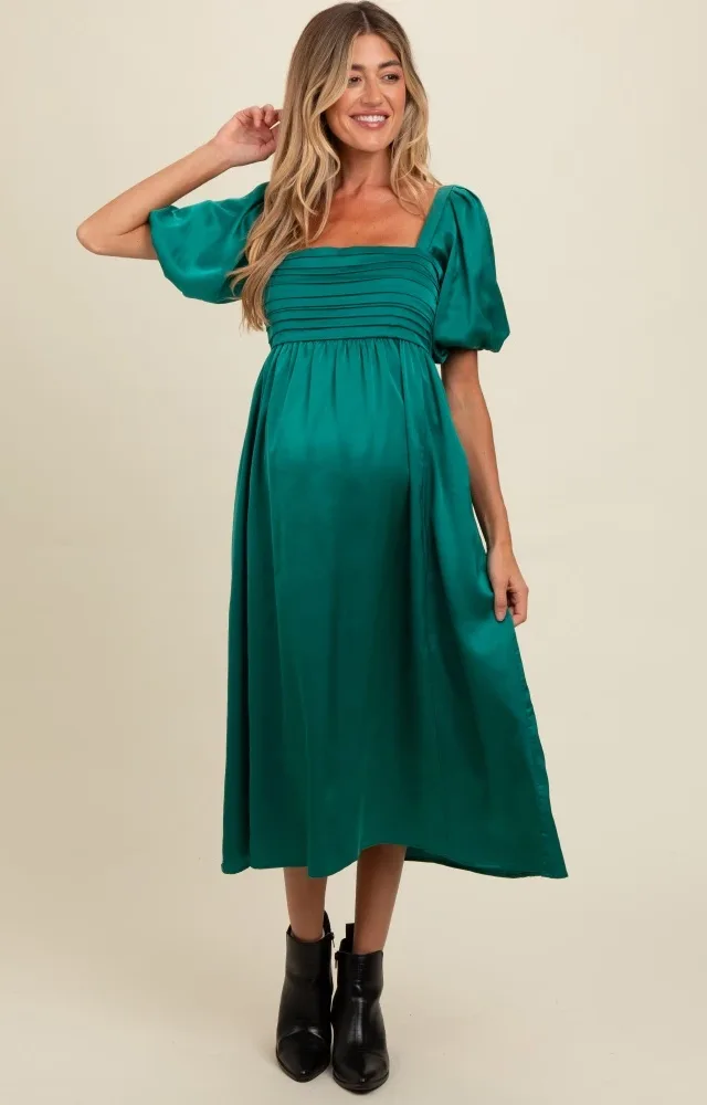 Emerald Green Satin Pleated Bodice Puff Sleeve Maternity Midi Dress