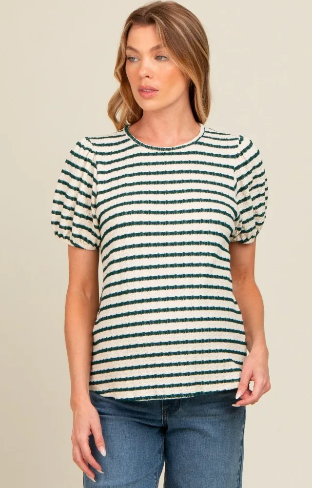 Emerald Green Striped Textured Puff Sleeve Maternity Top