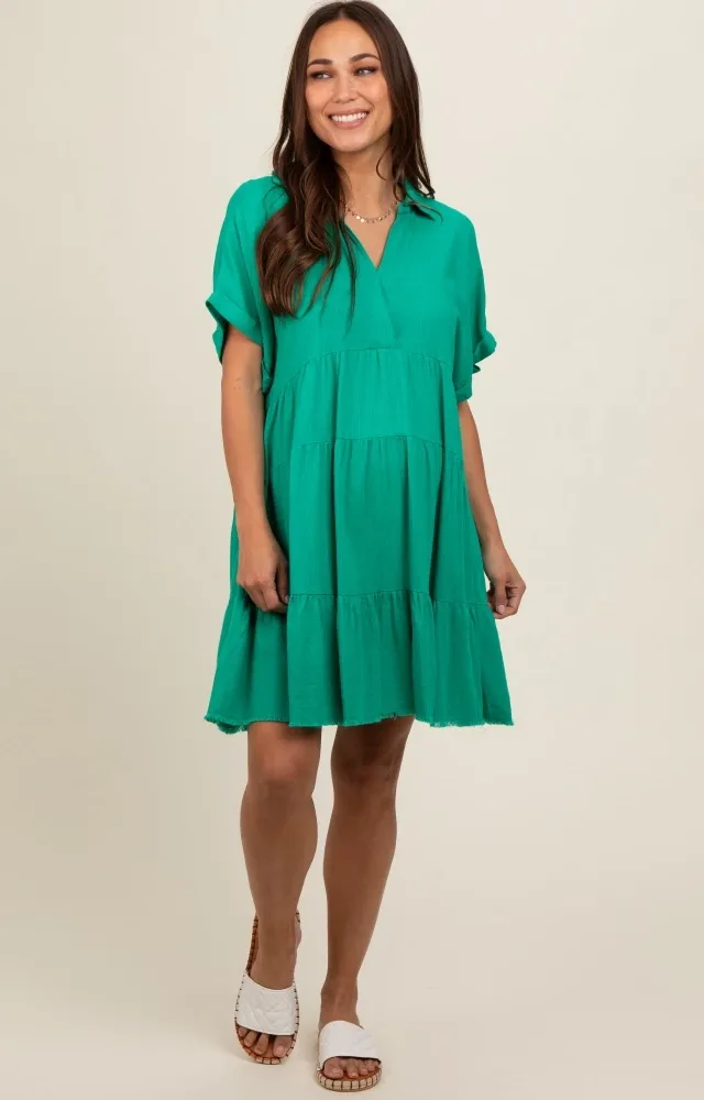 Emerald Green Tiered Linen Maternity Dress