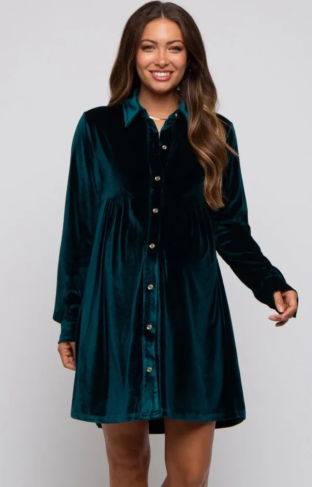 Emerald Green Velvet Button Down Maternity Dress