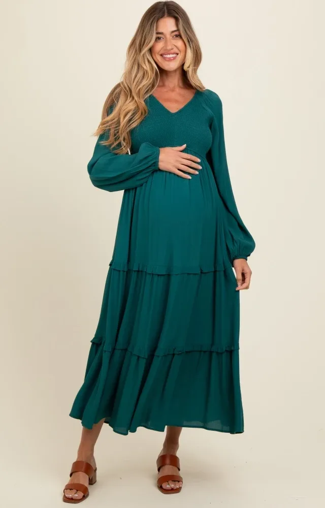 Emerald Smocked Tiered Maternity Midi Dress