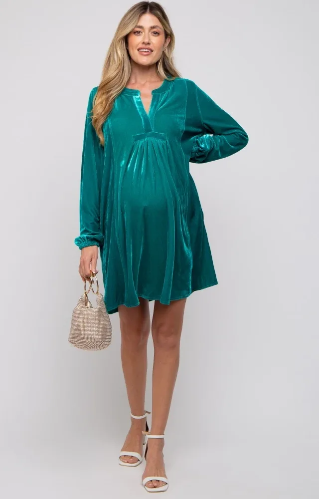 Emerald V-Neck Velvet Maternity Dress