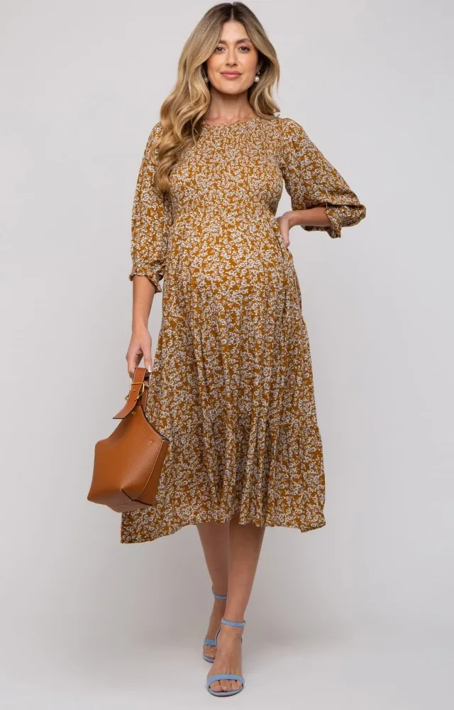 Floral Smocked 3/4 Sleeve Maternity Midi Dress