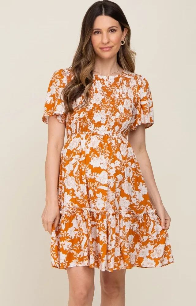 Floral Smocked Gathered Tier Maternity Dress