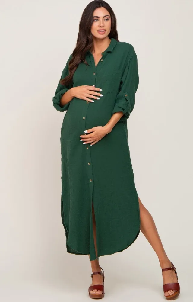 Forest Green Button Down 3/4 Sleeve Maternity Midi Dress