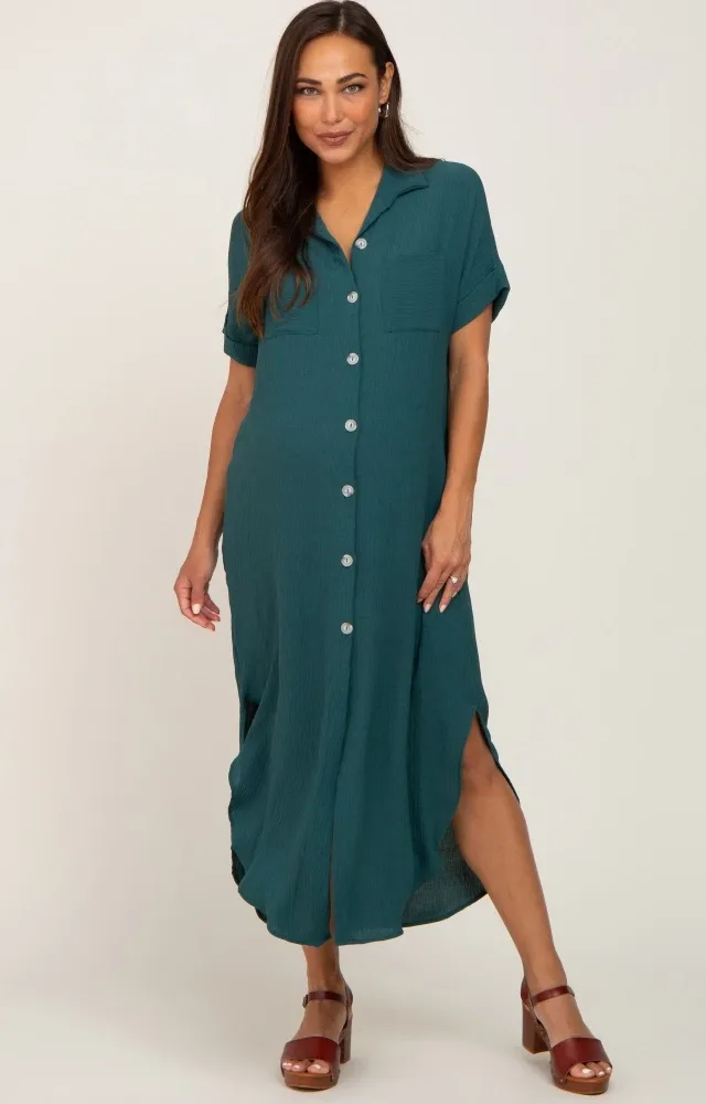 Forest Green Button Down Hi Low Maternity Maxi Dress