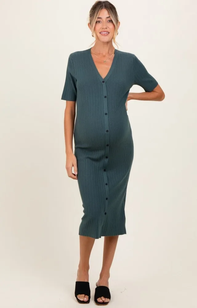 Forest Green Button Down Maternity Sweater Midi Dress