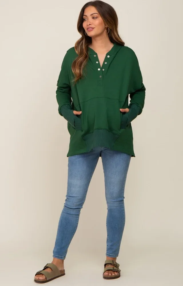 Forest Green Button Front Ribbed Trim Maternity Hooded Sweatshirt