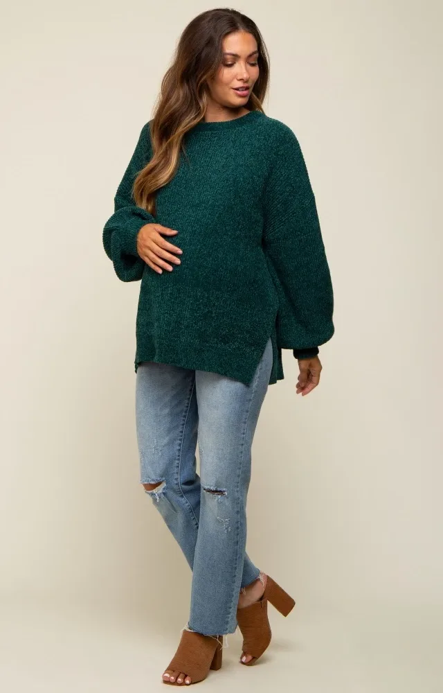 Forest Green Chenille Knit Balloon Sleeve Maternity Sweater