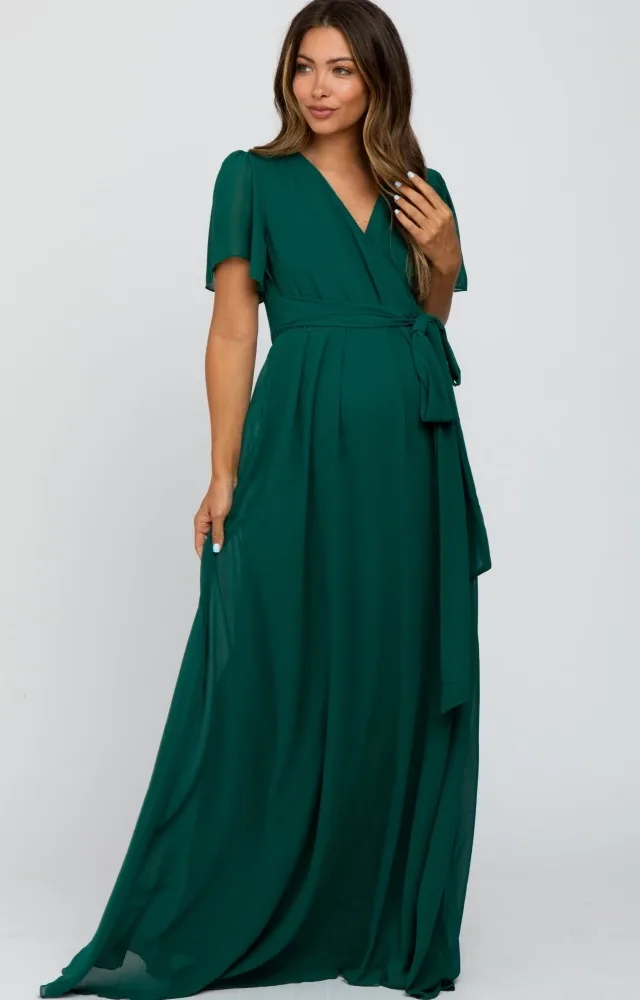 Forest Green Chiffon Short Sleeve Maternity Maxi Dress