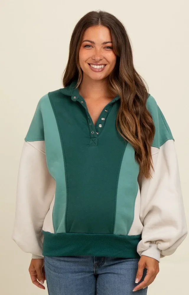 Forest Green Colorblock Snap Button Maternity Polo Sweatshirt