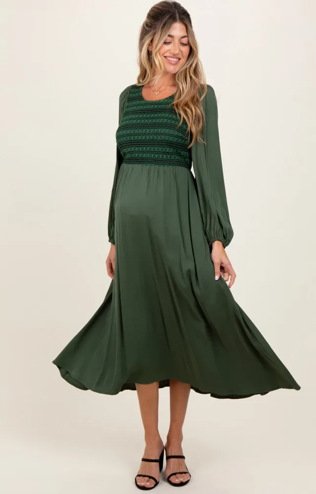 Forest Green Contrast Knit Bodice Maternity Maxi Dress