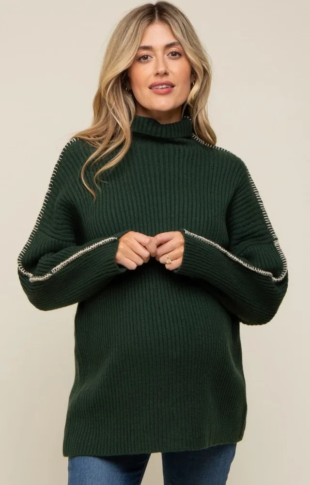 Forest Green Contrast Stitch Turtleneck Maternity Sweater