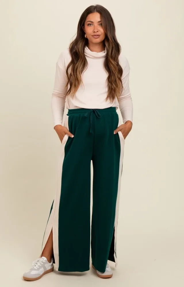 Forest Green Contrast Stripe Side Slit Maternity Pants