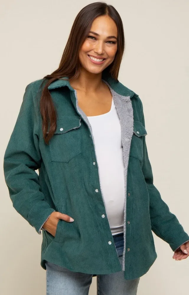 Forest Green Corduroy Sherpa Lined Maternity Shacket