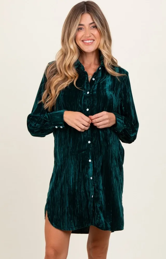 Forest Green Crinkled Velvet Button Down Maternity Shirt Dress