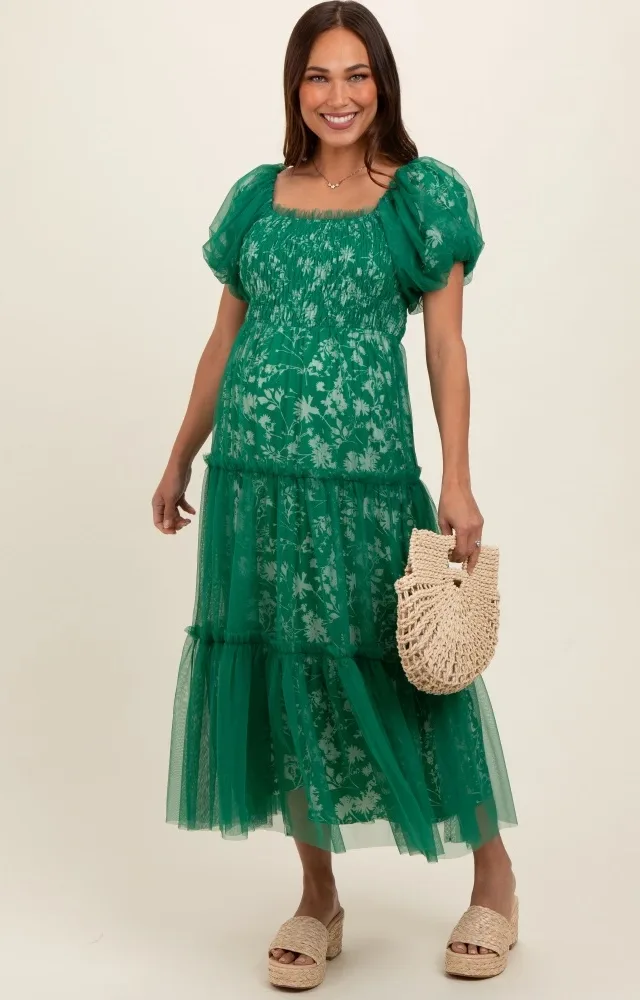 Forest Green Floral Lined Smocked Tulle Maternity Midi Dress