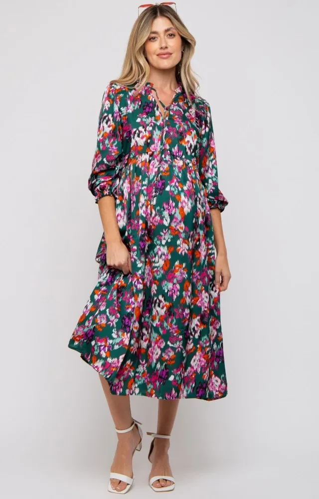 Forest Green Floral Satin Ruffle Neck Maternity Midi Dress