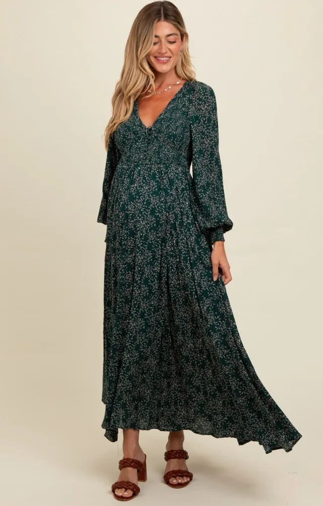 Forest Green Floral Smocked Button Detail Maternity Maxi Dress