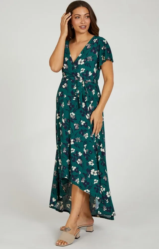 Forest Green Floral Wrap Front V-Neck Hi-Low Maternity Midi Dress