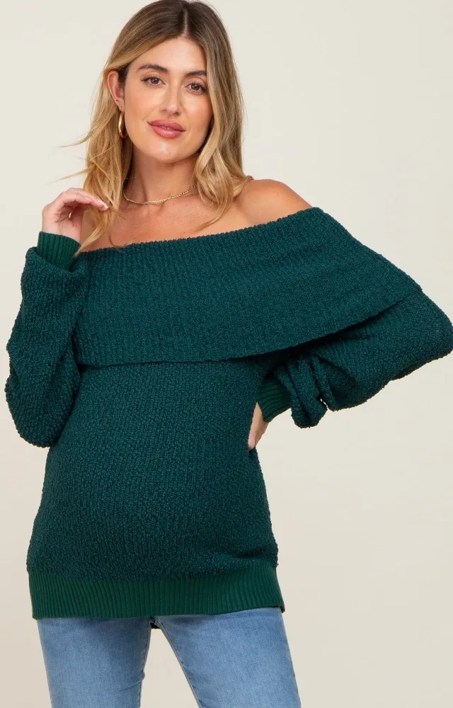 Forest Green Foldover Off Shoulder Maternity Sweater