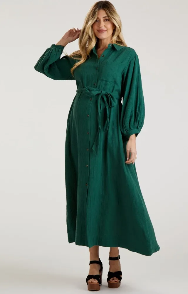 Forest Green Gauze Belted Shirt Maternity Midi Dress