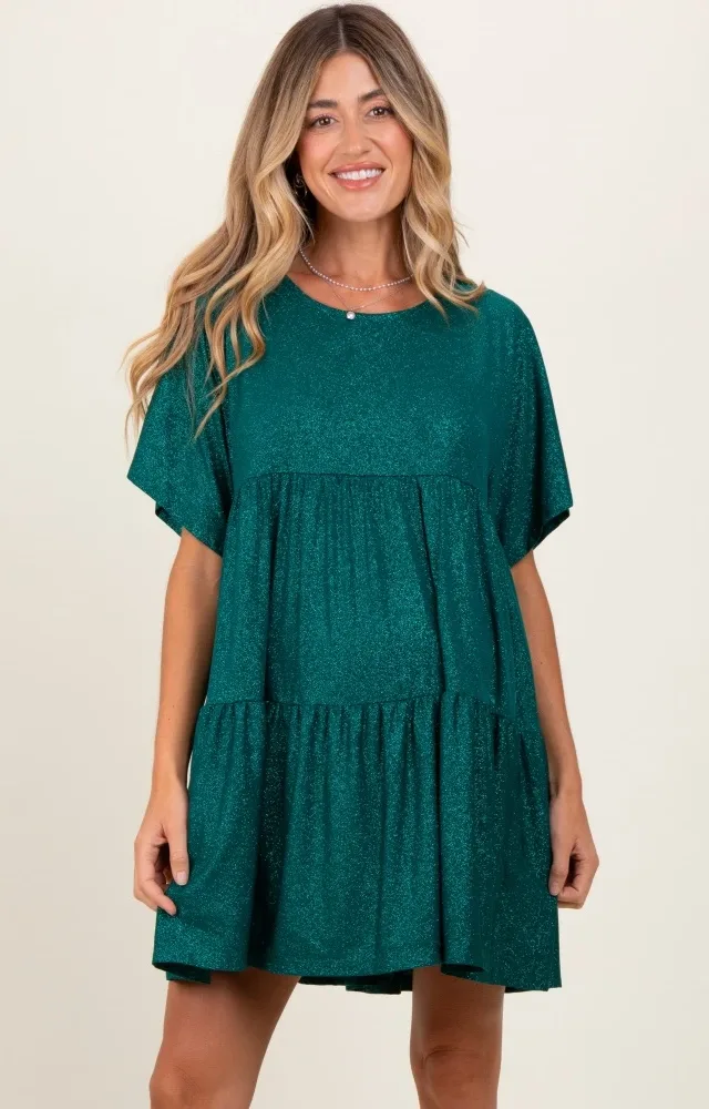 Forest Green Glitter Flutter Sleeve Tiered Maternity Dress