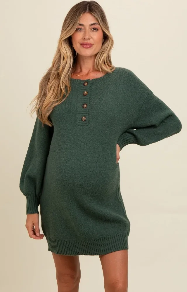 Forest Green Half Button Up Maternity Mini Sweater Dress