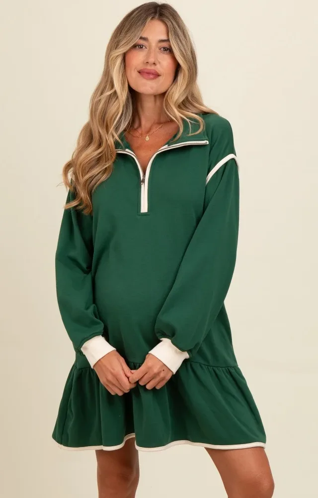 Forest Green Half Zip Ruffle Drop Hem Maternity Mini Dress