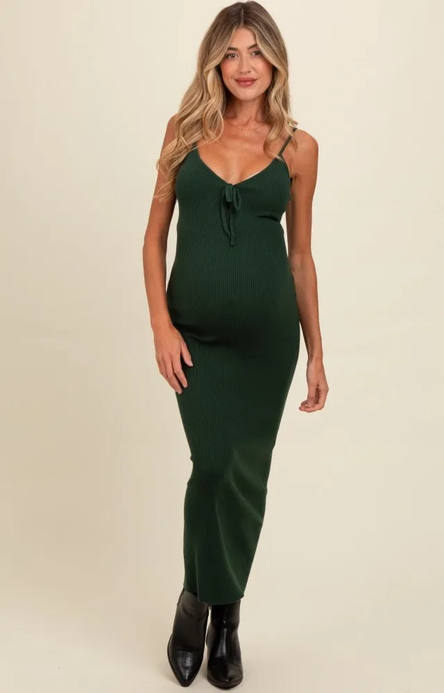 Forest Green Knit Front Tie Detail Maternity Maxi Dress