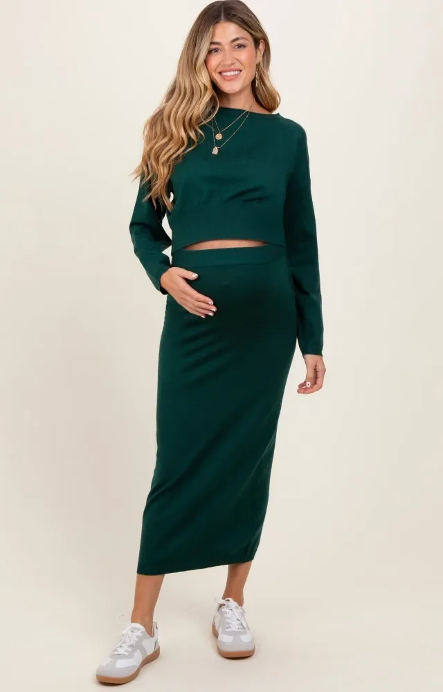 Forest Green Knit Midi Skirt Sweater Maternity Set