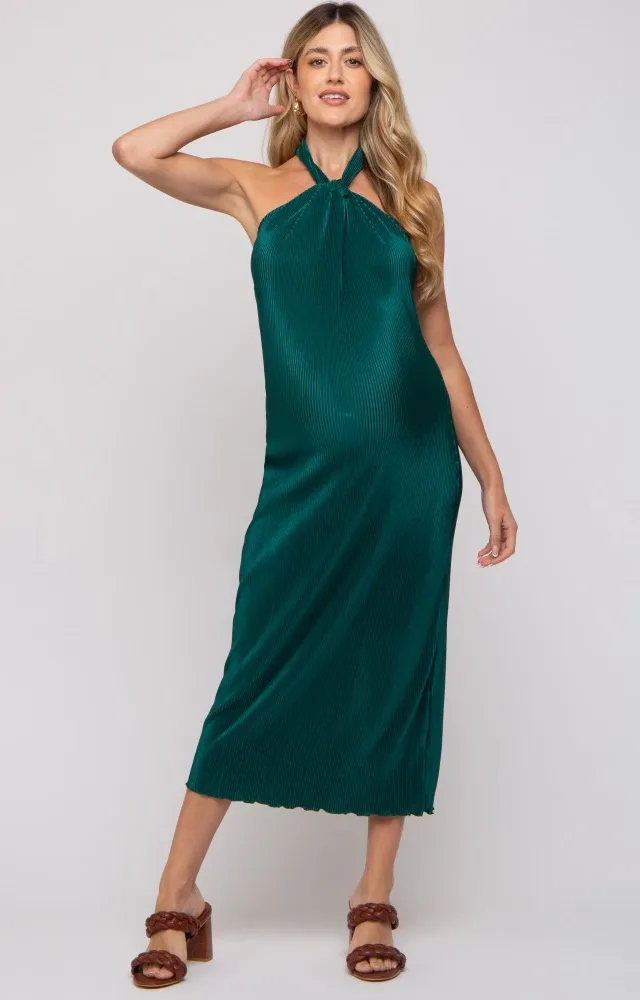 Forest Green Knot Front Plisse Halter Maternity Midi Dress