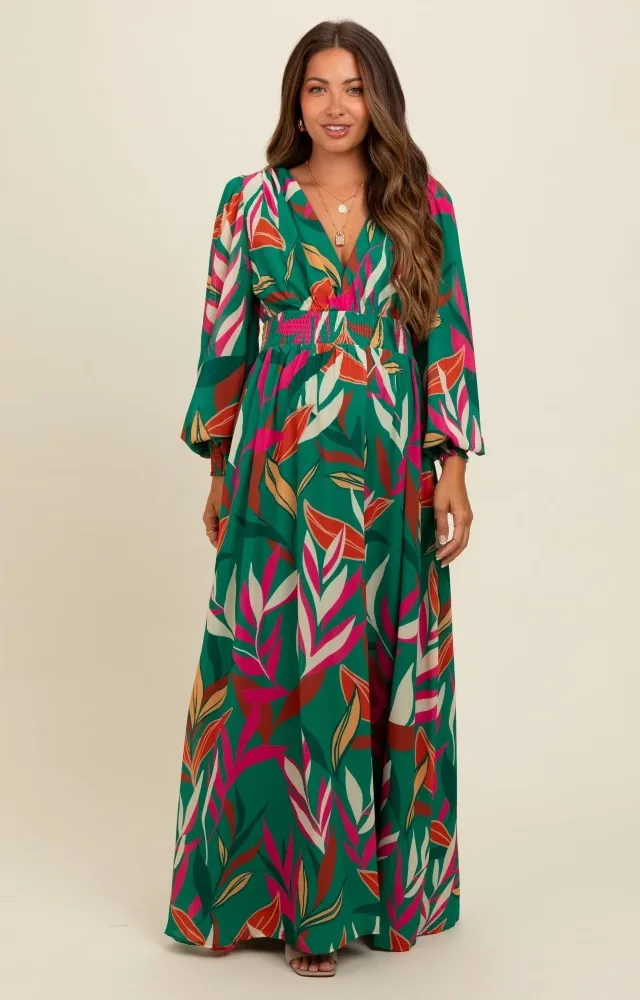 Forest Green Leaf Print Deep V-Neck Maternity Maxi Dress