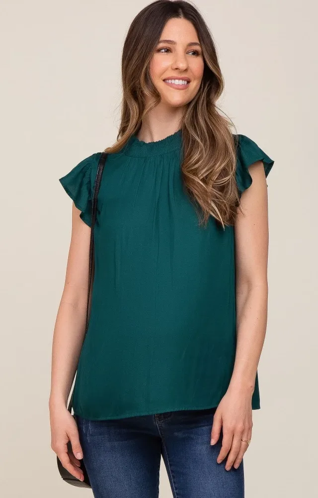 Forest Green Mock Neck Flutter Maternity Blouse