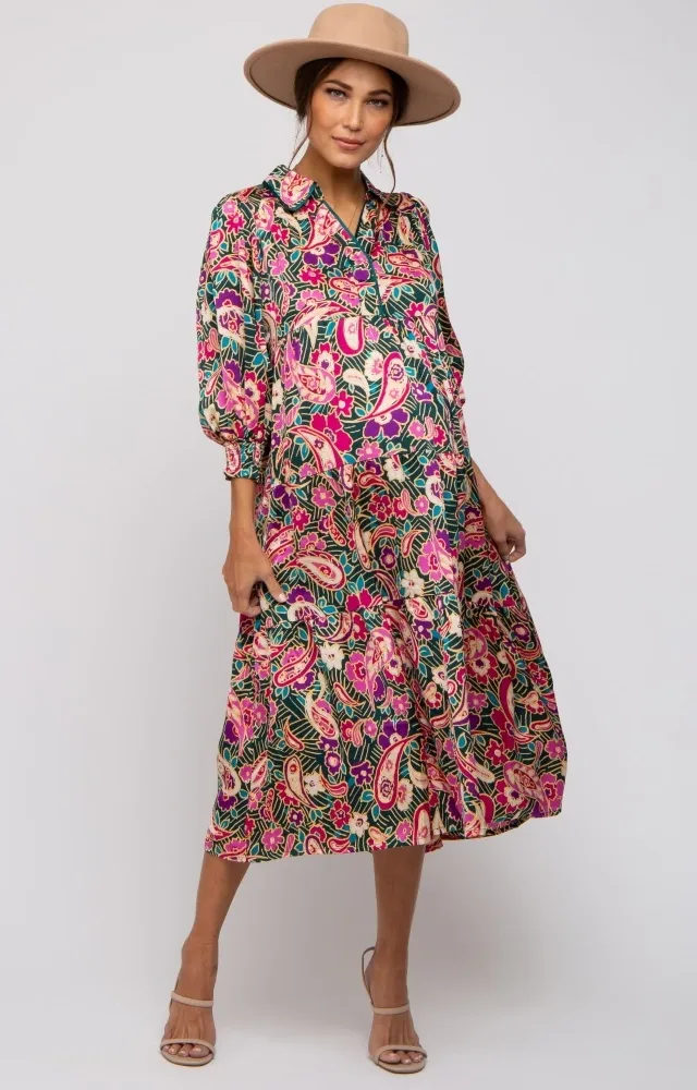 Forest Green Multicolor Floral Paisley Maternity Dress