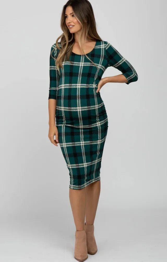 Forest Green Plaid 3/4 Sleeve Maternity Dress