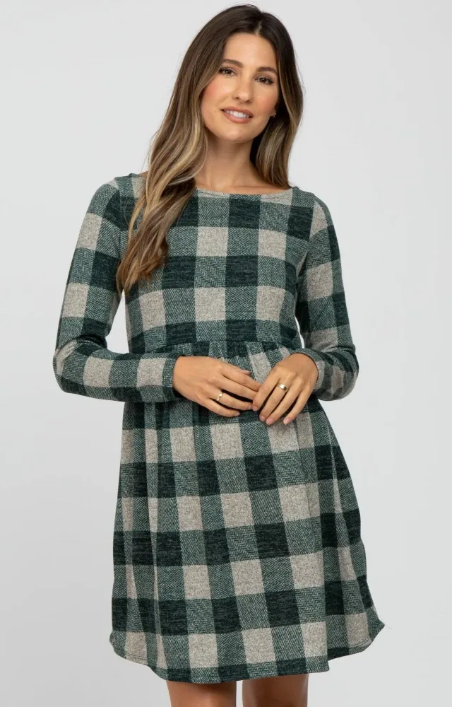 Forest Green Plaid Knit Maternity Dress