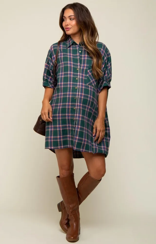 Forest Green Plaid Oversized Maternity Mini Dress