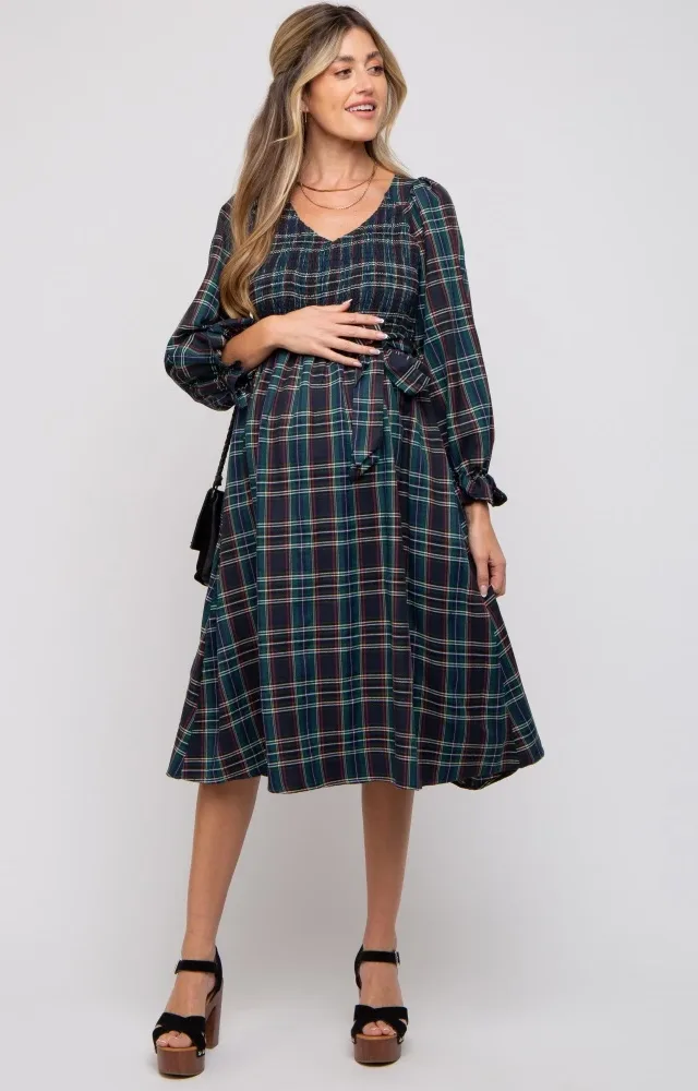 Forest Green Plaid Smocked A-Line Maternity Midi Dress