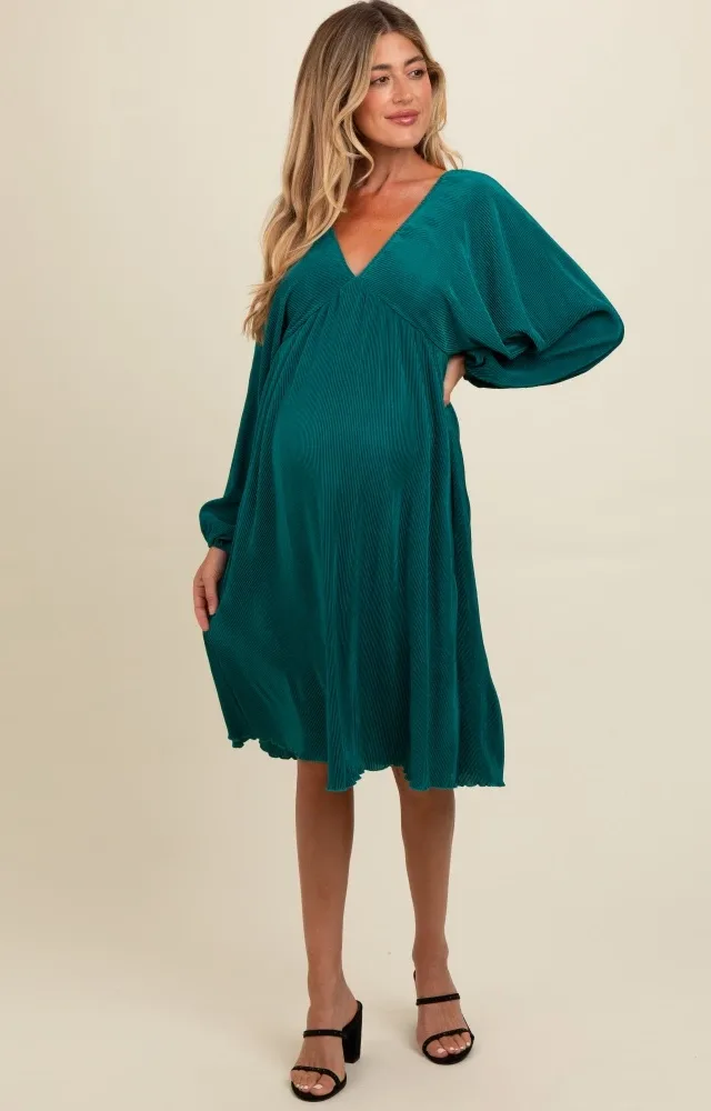 Forest Green Pleated Deep V-Neck Maternity Midi Dress