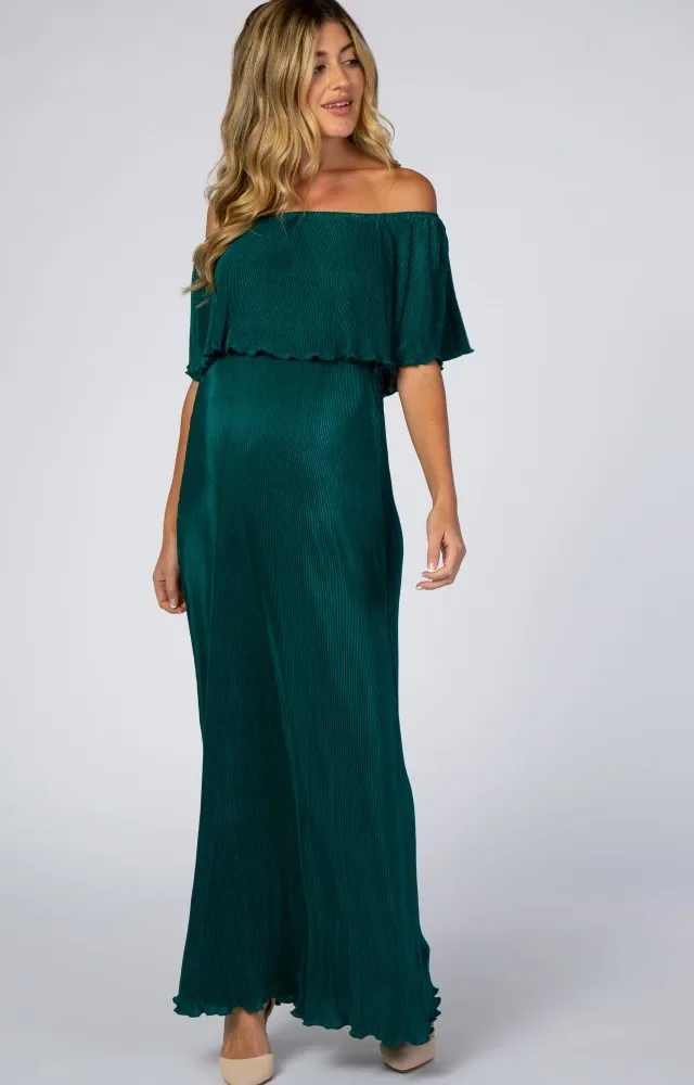 Forest Green Pleated Off Shoulder Maternity Maxi Dress