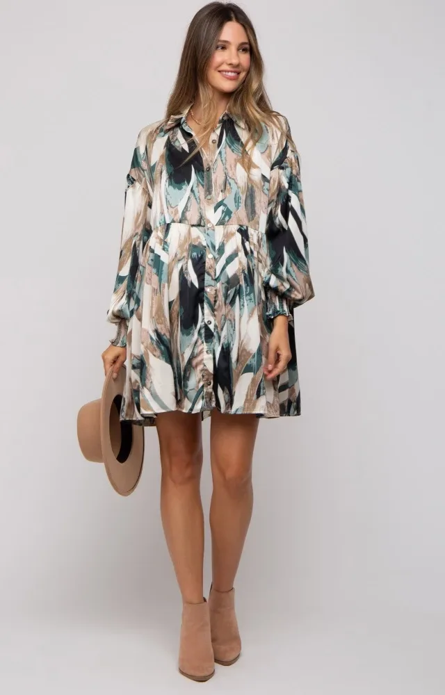 Forest Green Print Button Down Puff Sleeve Maternity Dress