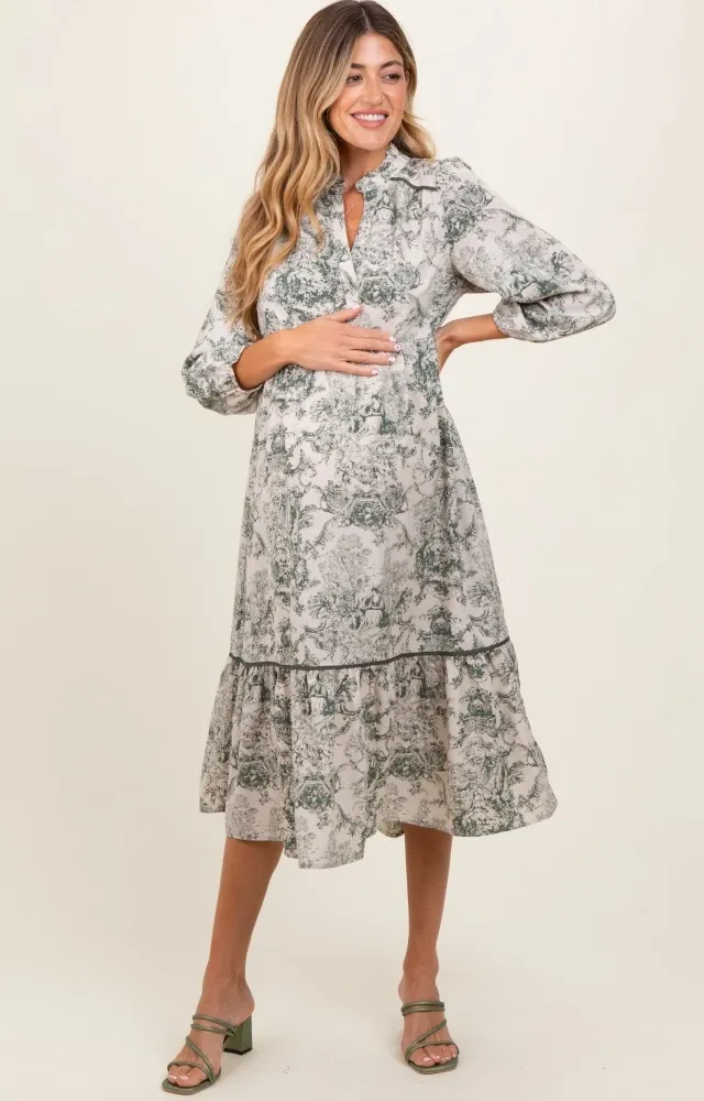 Forest Green Printed Split Ruffle Collar Maternity Midi Dress