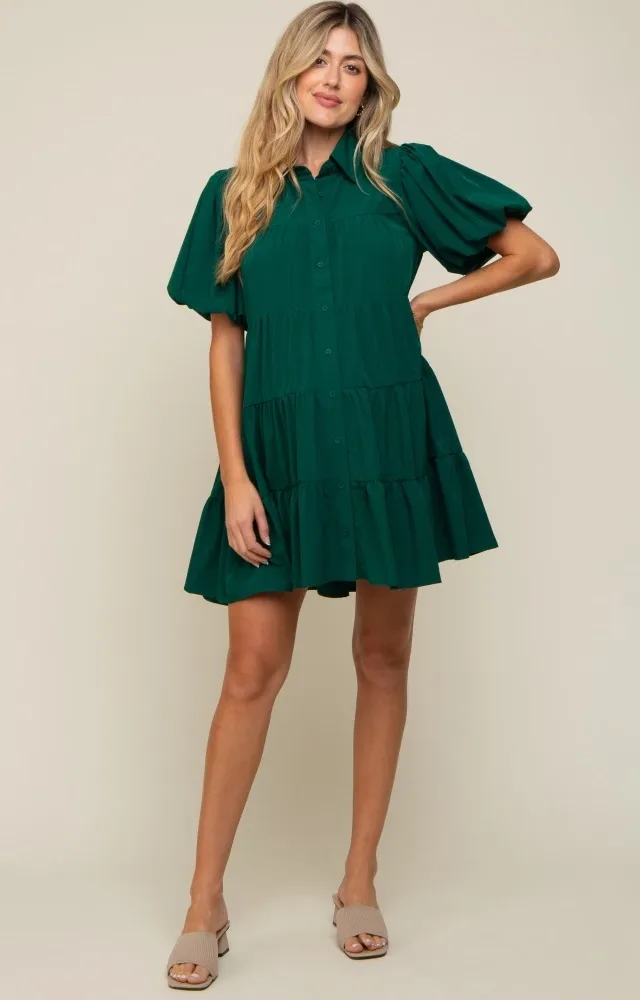 Forest Green Puff Sleeve Maternity Mini Shirt Dress